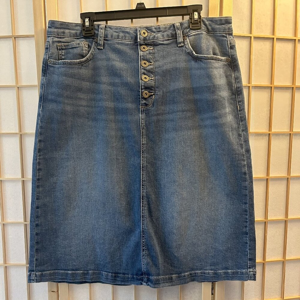 Classic denim skirt, below knee, button fly, medium blue wash - all season wear!